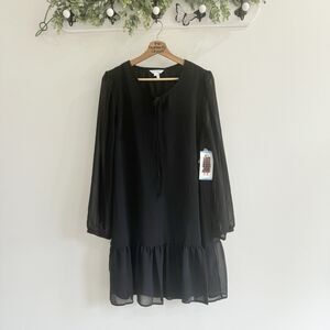 New Draper James The Neck Flounce Chiffon Drop Waist Dress Large Black